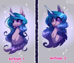 Size: 1200x1029 | Tagged: safe, artist:celes969, character:izzy moonbow, species:unicorn, g5, blep, bust, comparison, cute, gradient hair, izzybetes, solo, sparkles, text, tongue out