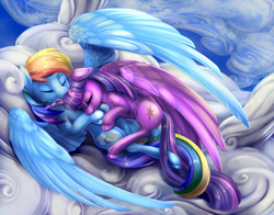Size: 2000x1571 | Tagged: safe, artist:viwrastupr, character:rainbow dash, character:twilight sparkle, character:twilight sparkle (alicorn), species:alicorn, species:pegasus, species:pony, ship:twidash, g4, cloud, cloudy, cuddling, eyes closed, female, intertwined tails, lesbian, mare, shipping, sleeping, snuggling