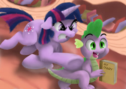 Size: 1280x909 | Tagged: safe, artist:doodledonut, character:spike, character:twilight sparkle, character:twilight sparkle (unicorn), species:dragon, species:pony, species:unicorn, g4, angry, book, bookshelf, diary, female, fluffy, funny, golden oaks library, jumping, library, male, mare, messy mane, open mouth, running, teeth grinding, this will end in pain
