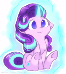 Size: 1024x1149 | Tagged: safe, artist:hiccupsdoesart, artist:twistedhiccy, character:starlight glimmer, species:pony, species:unicorn, g4, abstract background, chest fluff, chibi, cute, female, floppy ears, glimmerbetes, glowing horn, horn, magic, mare, no pupils, simple background, sitting, smiling, solo, telekinesis, underhoof