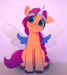 Size: 1495x1687 | Tagged: safe, artist:draw3, character:sunny starscout, species:earth pony, species:pony, g5, my little pony: a new generation, alicorn costume, clothing, costume, cute, fake horn, fake wings, female, mare, simple background, sitting, solo, sunnybetes