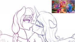 Size: 2400x1350 | Tagged: safe, artist:ratofdrawn, character:izzy moonbow, character:sunny starscout, species:earth pony, species:pony, species:unicorn, ship:starbow, g5, blushing, boop, eyes closed, female, gradient hair, heart, imminent kissing, lesbian, mare, noseboop, open mouth, profile, scene interpretation, screencap reference, shipping, simple background, sketch, white background