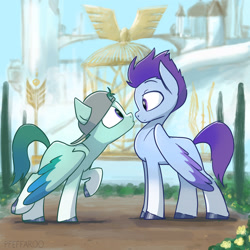 Size: 2048x2048 | Tagged: safe, artist:pfeffaroo, character:thunder flap, character:zoom zephyrwing, species:pegasus, species:pony, g5, clothing, coat markings, colored hooves, colored wings, duo, guard, hat, hooves, looking at each other, multicolored wings, profile, socks (coat marking), staring contest, wings