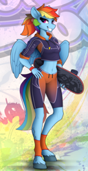 Size: 1220x2390 | Tagged: safe, artist:yakovlev-vad, part of a set, character:rainbow dash, species:anthro, species:pegasus, species:unguligrade anthro, g4, abstract background, alternate hairstyle, belly button, clothing, eyebrows, eyebrows visible through hair, female, grin, hand, hand on hip, hips, looking at you, mare, midriff, ponytail, skateboard, smiling, solo, standing, three quarter view, winged anthro