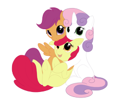 Size: 1234x1024 | Tagged: safe, artist:drake, character:apple bloom, character:scootaloo, character:sweetie belle, species:earth pony, species:pegasus, species:pony, species:unicorn, g4, apple family member, cute, cutie mark crusaders, female, filly, floppy ears, hooves, hug, looking at you, on back, open mouth, simple background, smiling, transparent background, underhoof, young
