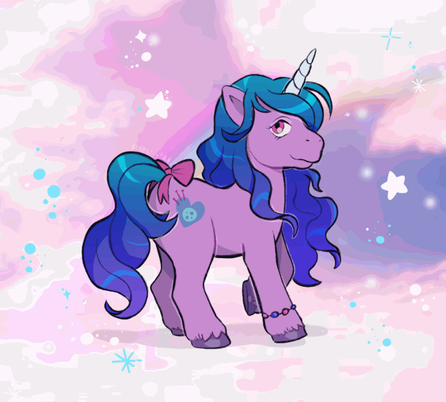 Size: 640x578 | Tagged: safe, artist:fleetwoodbrak, character:izzy moonbow, species:pony, species:unicorn, g1, g5, abstract background, animated, bow, bracelet, generation leap, gradient hair, jewelry, solo, tail bow, unshorn fetlocks