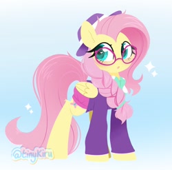 Size: 2048x2026 | Tagged: safe, artist:tinykiru, character:fluttershy, species:pegasus, species:pony, episode:fake it 'til you make it, g4, my little pony: friendship is magic, :o, alternate hairstyle, braid, clothing, cute, ear fluff, female, glasses, hat, heart eyes, high res, hipstershy, leg fluff, mare, open mouth, shyabetes, solo, three quarter view, wingding eyes