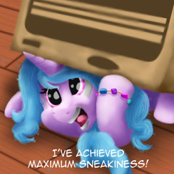 Size: 1280x1280 | Tagged: safe, artist:doodledonut, character:izzy moonbow, species:pony, species:unicorn, g5, my little pony: a new generation, box, bracelet, cute, dialogue, female, floor, gradient hair, izzybetes, jewelry, mare, metal gear solid, multicolored hair, open mouth, open smile, smiling, sneak 100, solo, text