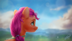 Size: 1920x1080 | Tagged: safe, artist:assasinmonkey, character:sunny starscout, species:earth pony, species:pony, g5, my little pony: a new generation, blurred background, female, mare, profile, signature, smiling, solo