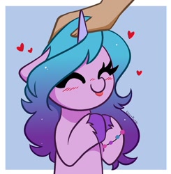 Size: 1174x1200 | Tagged: safe, artist:kittyrosie, character:izzy moonbow, species:pony, species:unicorn, g5, blep, blushing, bracelet, colored outlines, cute, eyes closed, gradient hair, hand, headpats, izzybetes, jewelry, multicolored hair, simple background, solo, tongue out, unshorn fetlocks