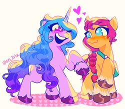 Size: 1200x1046 | Tagged: safe, artist:sn_trix, character:izzy moonbow, character:sunny starscout, species:pony, ship:starbow, g5, bracelet, coat markings, female, heart, heart eyes, jewelry, lesbian, looking at each other, mare, raised hoof, shipping, simple background, socks (coat marking), unshorn fetlocks, wingding eyes