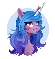 Size: 1128x1200 | Tagged: safe, artist:buvanybu, character:izzy moonbow, species:pony, species:unicorn, g5, bust, gradient hair, multicolored hair, simple background, solo