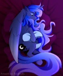 Size: 1000x1200 | Tagged: safe, artist:buvanybu, character:princess luna, species:alicorn, species:pony, g4, bed, gradient hair, multicolored hair, sleeping, solo