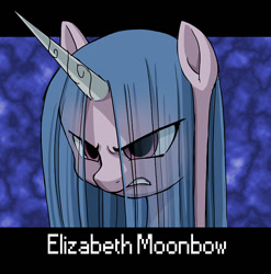 Size: 724x734 | Tagged: safe, artist:uotapo, character:izzy moonbow, species:pony, species:unicorn, g5, my little pony: a new generation, abstract background, alternate hairstyle, angry, elizabeth moonbow, eye clipping through hair, female, gradient hair, mare, multicolored hair, oh no, solo, straight hair, text