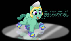 Size: 1280x738 | Tagged: safe, artist:doodledonut, character:thunder flap, species:pegasus, species:pony, g5, my little pony: a new generation, clothing, commission, dialogue, glass, guard, happy, male, open mouth, open smile, raised hoof, reflection, shoes, simple background, smiling, sneakers, solo, stallion, text, thunder