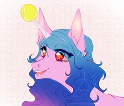 Size: 1200x1029 | Tagged: safe, artist:dleyfleif, character:izzy moonbow, species:unicorn, g5, ball, bust, childproof horn, ear fluff, gradient hair, horn, multicolored hair, solo, tennis ball, toy