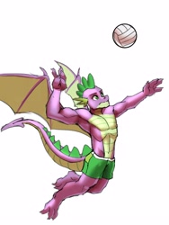 Size: 3000x4000 | Tagged: safe, artist:mykegreywolf, character:spike, species:anthro, species:dragon, g4, beefspike, clothing, colored, colored sketch, commission, explicit source, jumping, male, simple background, sketch, solo, sports, swimming trunks, swimsuit, volleyball, white background, winged spike, wings