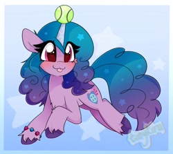 Size: 1024x915 | Tagged: safe, artist:tinykiru, character:izzy moonbow, species:pony, species:unicorn, g5, :3, abstract background, ball, blep, blushing, bracelet, cheek fluff, chest fluff, childproof horn, colored pupils, cute, ethereal mane, eye clipping through hair, female, galaxy mane, gradient hair, heart eyes, horn, horn impalement, hornball, izzy's tennis ball, izzybetes, jewelry, leg fluff, mare, multicolored hair, smiling, solo, stars, tennis ball, tongue out, toy, wingding eyes
