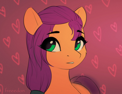 Size: 3000x2316 | Tagged: safe, artist:freeedon, character:sunny starscout, species:earth pony, species:pony, g5, my little pony: a new generation, abstract background, cheek fluff, cute, eye clipping through hair, eyebrows, eyebrows visible through hair, female, heart, high res, looking sideways, mare, simple background, solo, sunnybetes