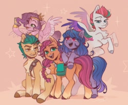 Size: 1200x985 | Tagged: safe, artist:swoops_star, character:hitch trailblazer, character:izzy moonbow, character:pipp petals, character:sunny starscout, character:zipp storm, species:earth pony, species:pegasus, species:pony, species:unicorn, g5, bag, bracelet, chest fluff, coat markings, colored hooves, colored pupils, colored wings, eye clipping through hair, flying, hooves, jewelry, mane g5, multicolored wings, open mouth, open smile, satchel, smiling, socks (coat marking), spread wings, sunny's buttons, three quarter view, tongue out, unshorn fetlocks, wings