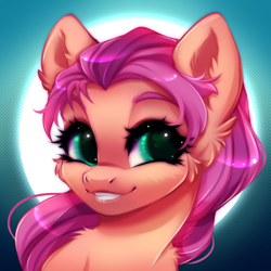 Size: 800x800 | Tagged: safe, artist:cabbage-arts, character:sunny starscout, species:earth pony, species:pony, g5, my little pony: a new generation, abstract background, bust, cheek fluff, colored eyebrows, ear fluff, eyebrows, female, smiling, solo
