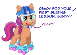 Size: 1280x918 | Tagged: safe, artist:doodledonut, character:sunny starscout, species:earth pony, species:pony, g5, my little pony: a new generation, cute, female, filly, filly sunny, helmet, open mouth, open smile, roller skates, simple background, smiling, solo, sunnybetes, text, transparent background, young