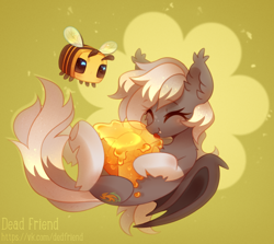 Size: 3016x2696 | Tagged: safe, artist:dedfriend, oc, oc only, species:bat pony, species:pony, g4, abstract background, bat pony oc, bee, crossover, cute, duo, eating, female, food, herbivore, honey, insect, mare, minecraft, minecraft bee, ocbetes, solo, video game