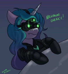 Size: 2826x3039 | Tagged: safe, artist:buckweiser, character:izzy moonbow, species:pony, species:unicorn, g5, my little pony: a new generation, bodysuit, catsuit, clothing, female, goggles, gradient hair, horn, mare, multicolored hair, night vision goggles, sam fisher, scrunchy face, sneaky, solo, splinter cell, text