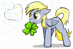 Size: 1280x874 | Tagged: safe, artist:sallycars, character:derpy hooves, species:pegasus, species:pony, g4, clover, digital art, female, four leaf clover, heart, holding, mare, mouth hold, ms paint, simple background, solo, text, three quarter view, white background