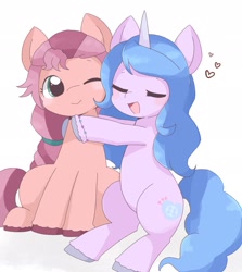 Size: 1827x2048 | Tagged: safe, artist:ginmaruxx, character:izzy moonbow, character:sunny starscout, species:earth pony, species:pony, species:unicorn, ship:starbow, g5, my little pony: a new generation, blushing, cute, eyes closed, female, gradient hair, heart, hug, izzybetes, lesbian, mare, multicolored hair, one eye closed, open mouth, shipping, simple background, sitting, sunnybetes, white background