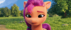 Size: 1920x804 | Tagged: safe, screencap, character:izzy moonbow, character:sunny starscout, species:earth pony, species:pony, species:unicorn, g5, my little pony: a new generation, animated, close-up, confused, duo, eyebrows, eyes closed, female, gradient hair, izzy sniffing sunny, mare, multicolored hair, out of context, personal space invasion, shipping fuel, smiling, sniffing, sound, talking, webm