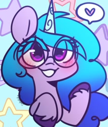Size: 1020x1200 | Tagged: safe, artist:sakukitty, character:izzy moonbow, species:pony, species:unicorn, g5, bust, cute, glasses, heart, horn pattern, izzybetes, solo, speech bubble, text, unshorn fetlocks