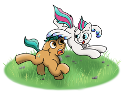 Size: 1280x963 | Tagged: safe, artist:doodledonut, character:hitch trailblazer, character:zipp storm, species:earth pony, species:pegasus, species:pony, g5, my little pony: a new generation, black outlines, blaze (coat marking), female, flying, grass, looking at each other, male, mare, open mouth, spread wings, stallion, transparent background, wings