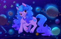Size: 2697x1721 | Tagged: safe, artist:little_polka, character:izzy moonbow, species:pony, species:unicorn, g5, abstract background, bracelet, female, glowing horn, gradient hair, horn, jewelry, looking at you, magic, magic aura, mare, multicolored hair, open mouth, raised hoof, solo, telekinesis