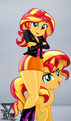 Size: 1100x1867 | Tagged: safe, artist:theretroart88, character:sunset shimmer, species:pony, species:unicorn, g4, my little pony:equestria girls, breasts, cleavage, clothing, female, human ponidox, looking at you, mare, open mouth, open smile, ponidox, raised hoof, self paradox, self ponidox, simple background, smiling, sunset shimmer day, watermark