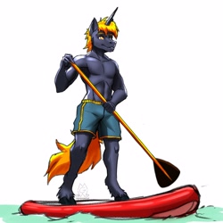 Size: 3000x3000 | Tagged: safe, artist:mykegreywolf, oc, oc only, species:anthro, species:pony, species:unguligrade anthro, species:unicorn, g4, colored, colored sketch, commission, explicit source, horn, male, ocean, paddle, paddleboarding, simple background, sketch, smiling, solo, stallion, surfboard, swimming trunks, water, white background