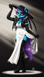 Size: 1500x2608 | Tagged: safe, artist:king-kakapo, oc, oc only, oc:sage boline, species:anthro, species:bat pony, species:pony, species:unguligrade anthro, g4, bat wings, black lipstick, breasts, cleavage, clothing, commission, dress, ear fluff, evening gloves, glasses, gloves, hat, jacket, jewelry, lipstick, long gloves, makeup, necklace, open mouth, pearl, pearl necklace, questionable source, side slit, socks, solo, spotlight, spread wings, stockings, tail, thigh highs, total sideslit, wings