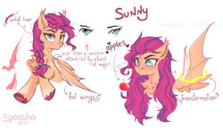 Size: 2106x1212 | Tagged: safe, artist:spoosha, character:sunny starscout, species:bat pony, species:pony, g5, my little pony: a new generation, alternate hairstyle, apple, bat ponified, bat wings, bust, chest fluff, colored hooves, dialogue, drool, female, food, hooves, mare, race swap, simple background, solo, species swap, speech bubble, spread wings, text, tongue out, unshorn fetlocks, white background, wings