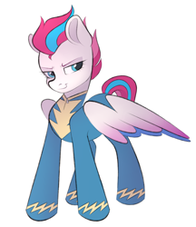 Size: 2022x2337 | Tagged: safe, artist:vetta, character:zipp storm, species:pegasus, species:pony, g5, my little pony: a new generation, clothing, female, lidded eyes, mare, simple background, smiling, smirk, solo, spread wings, uniform, white background, wings, wonderbolts, wonderbolts uniform