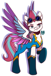 Size: 1024x1526 | Tagged: safe, artist:cckittycreative, character:zipp storm, species:pegasus, species:pony, g5, my little pony: a new generation, clothing, colored wings, female, goggles, looking at you, mare, multicolored wings, raised hoof, simple background, solo, spoilers in description, spread wings, transparent background, uniform, wings, wonderbolts, wonderbolts uniform