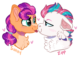 Size: 1672x1241 | Tagged: safe, artist:moccabliss, character:sunny starscout, character:zipp storm, species:earth pony, species:pegasus, species:pony, ship:stormscout, ship:zippscout, g5, blaze (coat marking), blep, blushing, boop, bust, chest fluff, coat markings, colored eyebrows, ear fluff, female, floppy ears, heart, lesbian, lidded eyes, looking at each other, mare, noseboop, portrait, profile, shipping, simple background, smiling, sparkly eyes, text, three quarter view, tongue out, white background