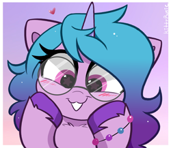 Size: 3920x3408 | Tagged: safe, artist:kittyrosie, character:izzy moonbow, species:pony, species:unicorn, g5, blushing, bracelet, bust, cheek squish, chest fluff, colored hooves, cute, glasses, gradient background, gradient hair, hooves, izzybetes, jewelry, meganekko, multicolored hair, signature, simple background, solo, squishy cheeks, starry eyes, unshorn fetlocks, wingding eyes