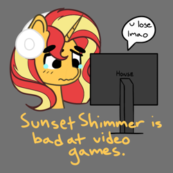 Size: 809x809 | Tagged: safe, artist:charleyhorsey, character:sunset shimmer, species:pony, species:unicorn, g4, my little pony:equestria girls, art challenge, headphones, manechat challenge, sad, simple background, solo