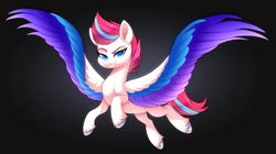 Size: 1121x627 | Tagged: safe, artist:scarlet-spectrum, character:zipp storm, species:pegasus, species:pony, g5, black background, colored eyebrows, colored hooves, colored pupils, colored wings, female, hooves, looking at you, mare, multicolored wings, simple background, smiling, solo, spread wings, unshorn fetlocks, wings