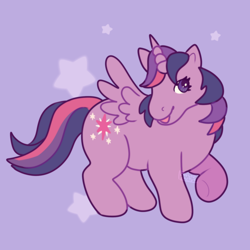 Size: 1400x1400 | Tagged: safe, artist:corvidcactus, character:twilight sparkle, character:twilight sparkle (alicorn), species:alicorn, species:pony, g4, abstract background, cute, female, g4 to g1, generation leap, mare, raised hoof, simple background, solo, spread wings, stars, style emulation, twiabetes, underhoof, wings