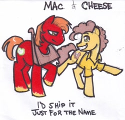 Size: 911x877 | Tagged: safe, artist:zaionczyk, character:big mcintosh, character:cheese sandwich, species:earth pony, species:pony, g4, apple family member, gay, joke shipping, mac n cheese, male, pun, shipping