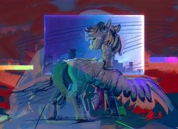 Size: 4000x2895 | Tagged: safe, artist:alumx, oc, oc only, species:pegasus, species:pony, g4, chromatic aberration, glasses, hooves, looking back, narrowed eyes, one hoof raised, solo, spread wings, tail, wings