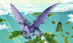 Size: 2500x1489 | Tagged: safe, artist:altarior, character:seaspray, species:classical hippogriff, species:hippogriff, g4, big wings, cloud, commission, flying, island, jewelry, male, mount aris, necklace, ocean, realistic anatomy, realistic horse legs, scenery, scenery porn, sky, solo, spread wings, winged hooves, wings