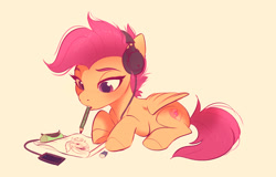 Size: 1943x1242 | Tagged: safe, artist:imalou, character:scootaloo, species:pegasus, species:pony, g4, colored eyebrows, drawing, eraser, eyebrows, female, filly, headphones, holding, lying down, mouth hold, pencil, prone, simple background, solo, three quarter view, yellow background, young