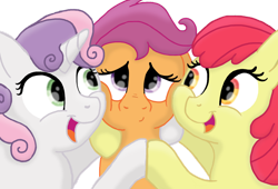 Size: 1280x869 | Tagged: safe, artist:doodledonut, character:apple bloom, character:scootaloo, character:sweetie belle, species:earth pony, species:pegasus, species:pony, species:unicorn, g4, apple family member, cutie mark crusaders, female, filly, hoofbump, hug, open mouth, open smile, simple background, smiling, squishy cheeks, transparent background, young